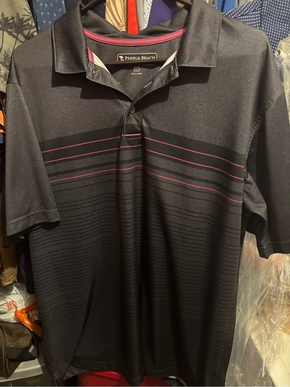Pebble Beach Black Polo with Pink Stripe Accents